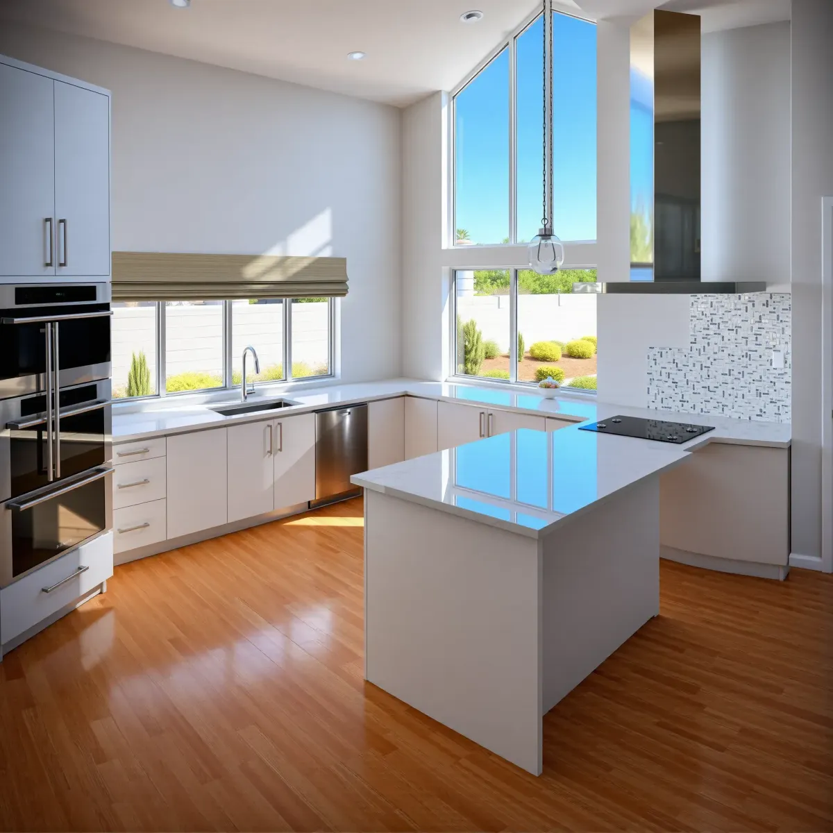 Remodeled Huntington Beach kitchen with matte cabinets, quartz counters, stainless appliances, wooden island, coastal view.
