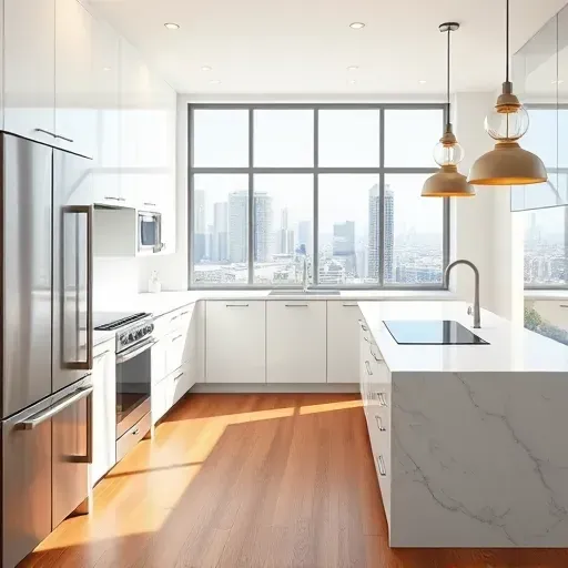 Remodeled Los Angeles kitchen with modern white cabinetry, quartz countertops, and a view of the urban skyline.