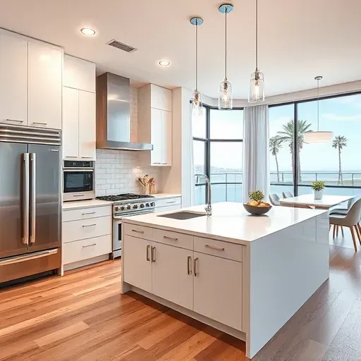 Remodeled South Coast Metro kitchen with white modern cabinetry, quartz island, stainless appliances, hardwood floors, and natural light