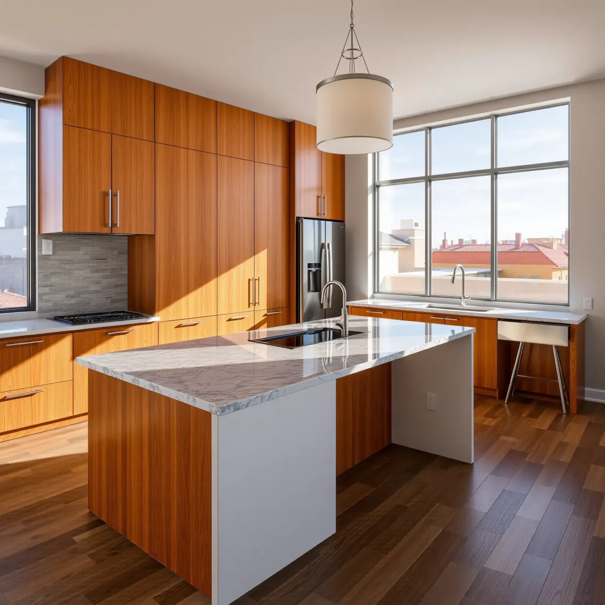 Modern Santa Ana kitchen with sleek cabinetry, quartz countertops, stainless steel appliances, and downtown city views.