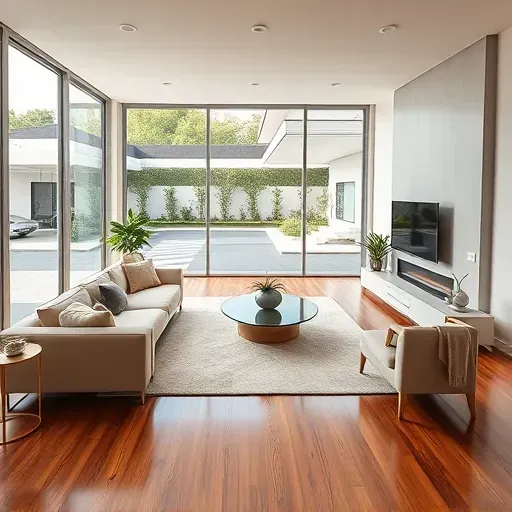Modern Los Angeles home renovation featuring a stylish living room with large windows, hardwood floors, and elegant decor