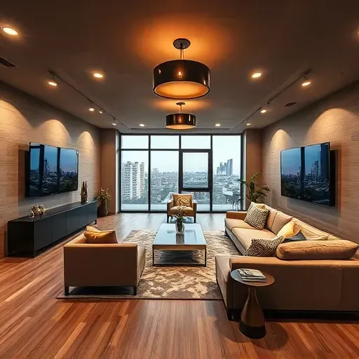Beautiful Los Angeles basement remodel featuring modern furniture, hardwood floors, ambient lighting, and city skyline views