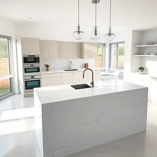 Modern luxury kitchen with white marble island, stainless steel appliances, natural light, minimalist design, neutral tones