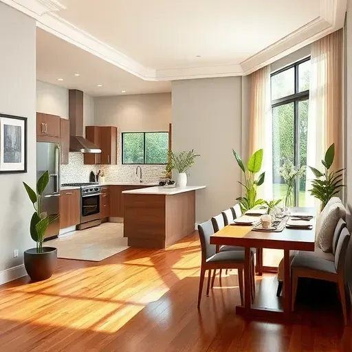 Modern open-concept living space in Tustin CA, featuring stylish decor, hardwood floors, and a state-of-the-art kitchen.