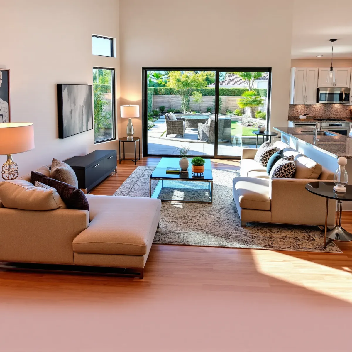 Modern remodeled home in Rancho Santa Margarita featuring open living, sleek hardwood floors, large windows, stylish kitchen, and landscaped backyard.