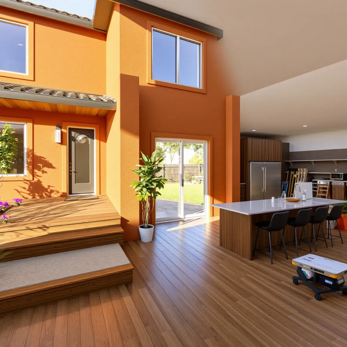 Modern Fountain Valley home with fresh stucco, lush landscaping, hardwood floors, gourmet kitchen, and renovated exterior.