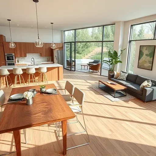 Modern open-concept living space in Riverview West CA with sleek hardwood floors, large windows, and stylish decor.