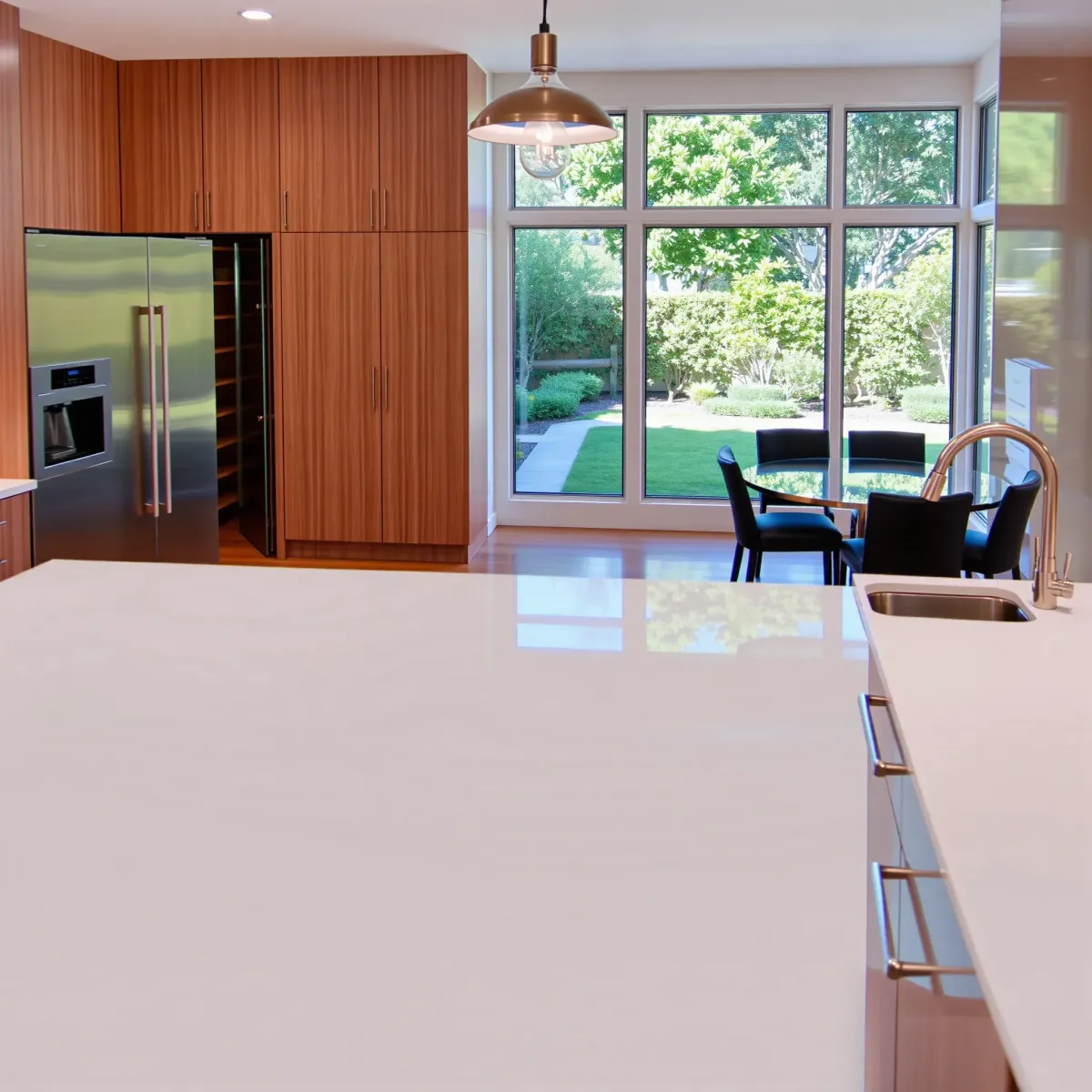 Modern Irvine kitchen with sleek cabinets, quartz countertops, stainless appliances, hardwood floors, and natural light.