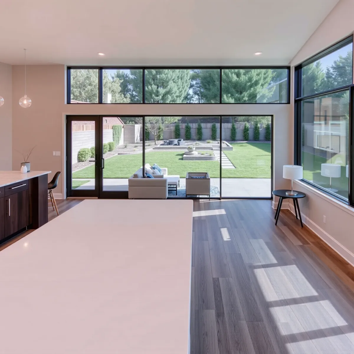 Modern home interior in MainPlace, CA featuring open living space, sleek hardwood, large windows, and stylish kitchen decor.