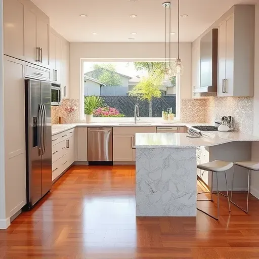 Remodeled Fountain Valley kitchen with matte modern cabinets, stainless steel appliances, quartz island, and lush backyard view
