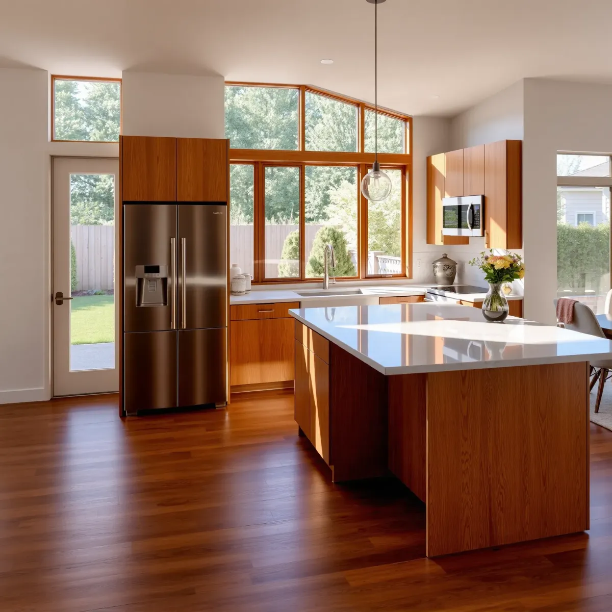 Modern kitchen with granite countertops, stainless steel appliances, white cabinets, and a large window in Lacy, CA.