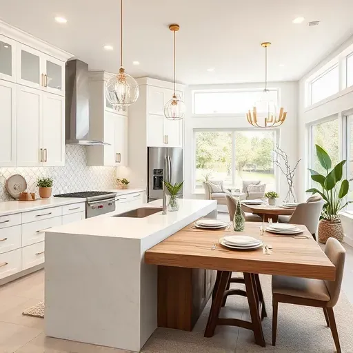 Modern kitchen remodel in East Garden Grove with white cabinetry, quartz island, and inviting open-concept dining area.