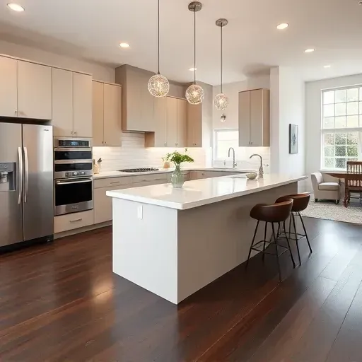 Completed kitchen remodel in Los Angeles with modern cabinetry, marble island, stainless appliances, and natural light.