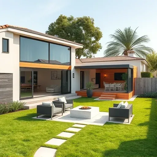 Modern Los Angeles home addition with glass panels, wood accents, lush landscaped backyard, and stylish patio area