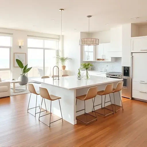 Remodeled Huntington Beach kitchen with sleek quartz countertops, white cabinetry, and coastal decor in airy living area.