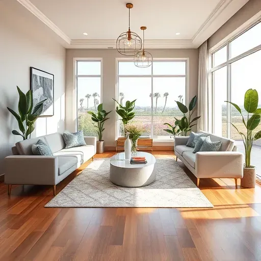 Redesigned living room in Fountain Valley CA with modern furniture, natural light, and a serene California view.