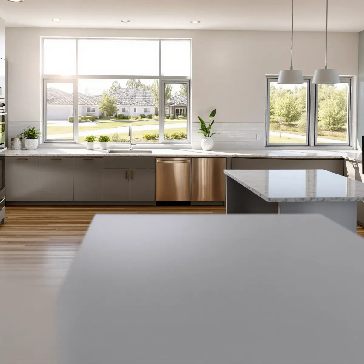 Modern remodeled kitchen in Portola Springs, CA featuring white cabinetry, quartz island, stainless steel appliances, and natural lighting.