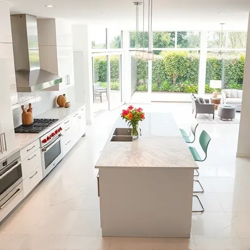 Beautiful renovated Santa Anita Park kitchen with modern white cabinets stainless appliances granite island natural light lush garden outdoor patio