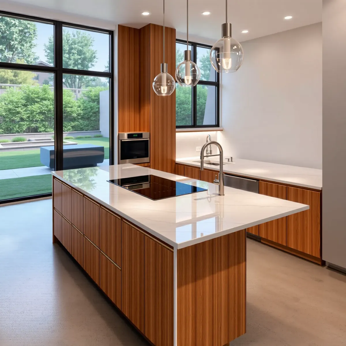 Remodeled LA kitchen with modern wood cabinetry, marble countertops, spacious island, large windows, lush backyard view.