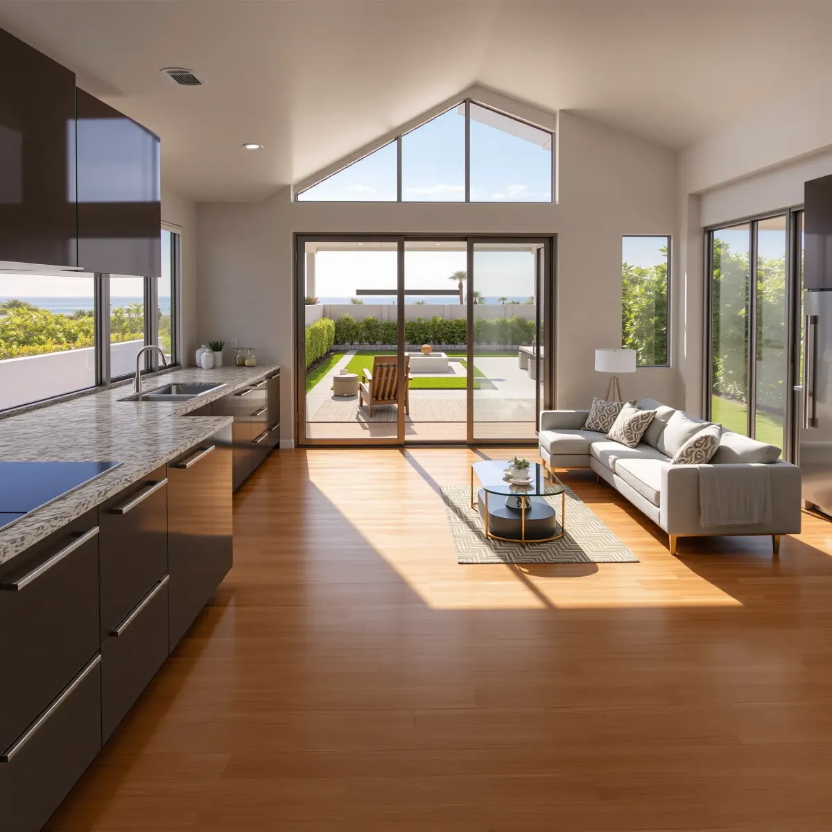 Modern Dana Point kitchen with granite counters, stainless appliances, ocean view, and coastal-inspired decor.