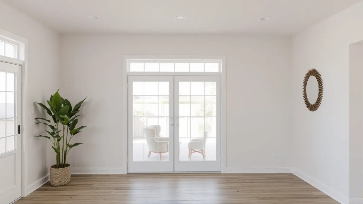 Modern Irvine, CA living room with hardwood floors, large windows, contemporary furniture, marble fireplace, and open-concept kitchen.