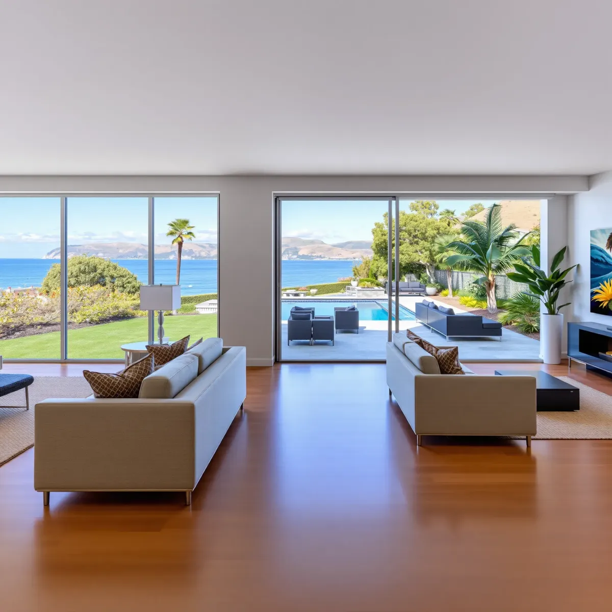 Modern Newport Coast home interior with coastal views, polished hardwood floors, sleek furnishings, and a luxe backyard pool.