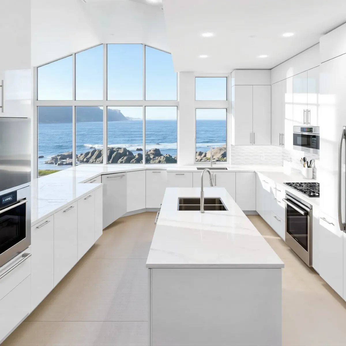 Remodeled Modern kitchen in Aliso Viejo, CA with sleek cabinets, stainless steel appliances, quartz island, and warm hardwood floors.