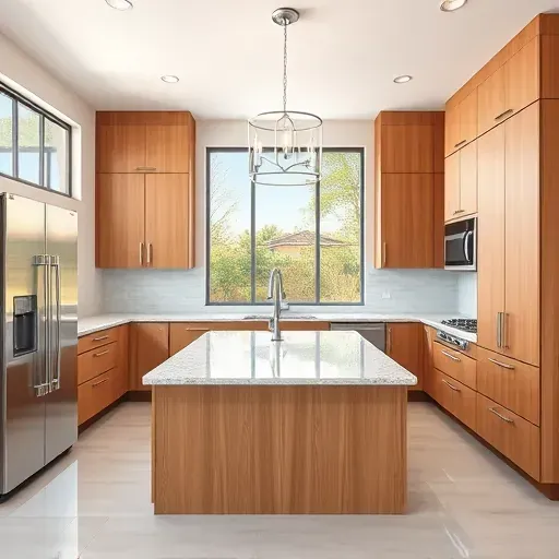 Renovated Foothill Ranch kitchen with modern wood cabinets stainless steel appliances granite island stylish backsplash natural light lush backyard view