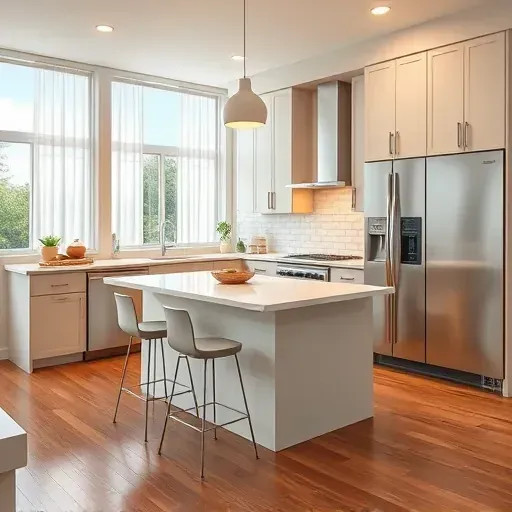 Remodeled Los Alamitos kitchen with sleek matte cabinetry, stainless steel appliances, quartz countertops, central island, pendant lighting, and large windows