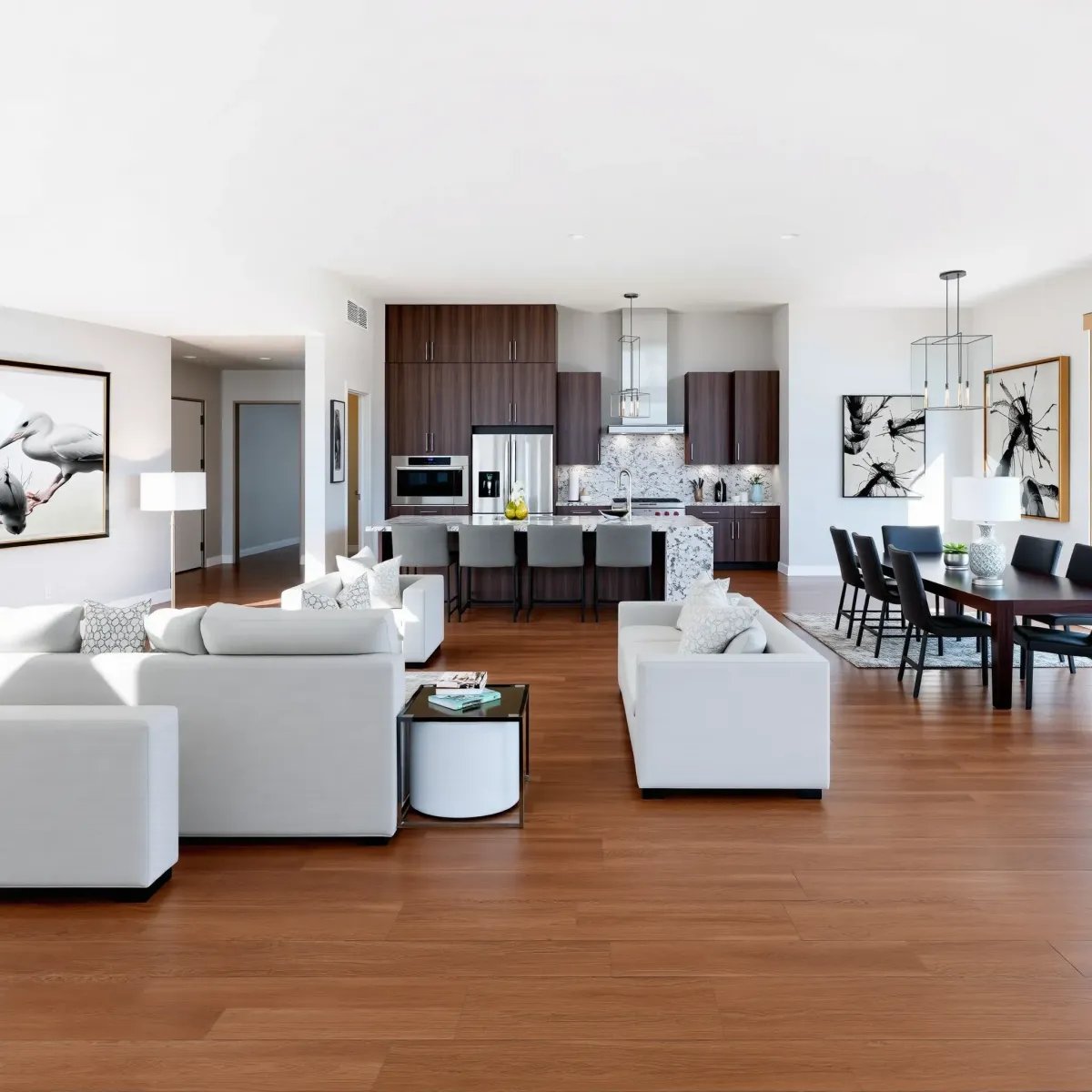 Renovated Los Alamitos living room with modern furniture, hardwood floors, stylish accents, and view of landscaped backyard.