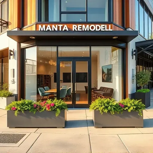Modern storefront in downtown Santa Ana features stylish decor, warm wood panels, and vibrant flower planters.