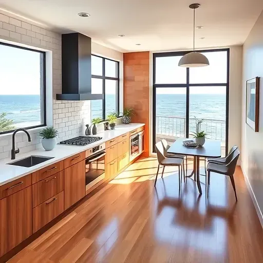 Beautiful Dana Point kitchen featuring quartz countertops matte black fixtures custom wood cabinetry ocean views and indoor plants