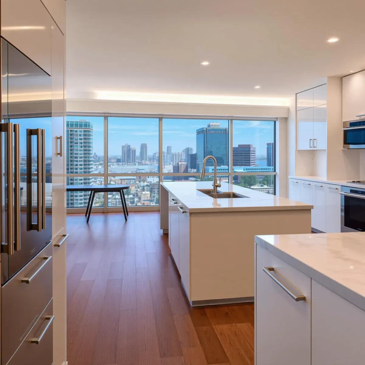 Remodeled Santa Ana home exterior with modern design, lush yard, large windows, stylish accents, and downtown cityscape.