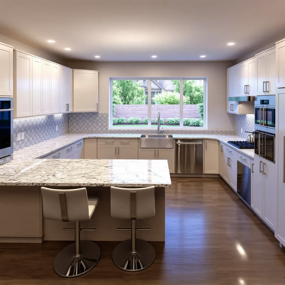 Modern Costa Mesa kitchen with taupe cabinets, quartz countertops, stainless steel appliances, herringbone backsplash, and hardwood floors.