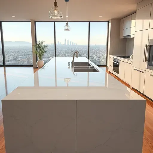 Freshly installed sleek quartz countertops in a modern Los Angeles kitchen with large windows offering city and mountain views