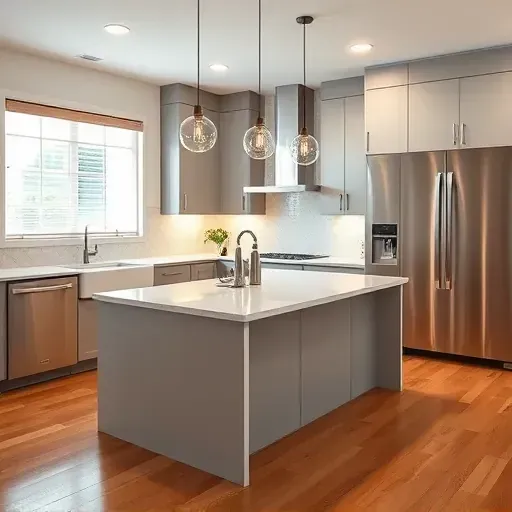 Renovated East Garden Grove kitchen with modern matte cabinetry stainless steel appliances marble island ambient lighting and stylish backsplash