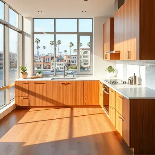 Modern kitchen remodel in downtown Santa Ana with warm wood cabinetry, white quartz countertops, and urban skyline views.