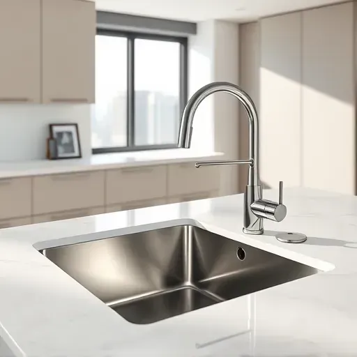 Stainless steel sink and modern faucet set in a sleek LA kitchen with marble counters and city view