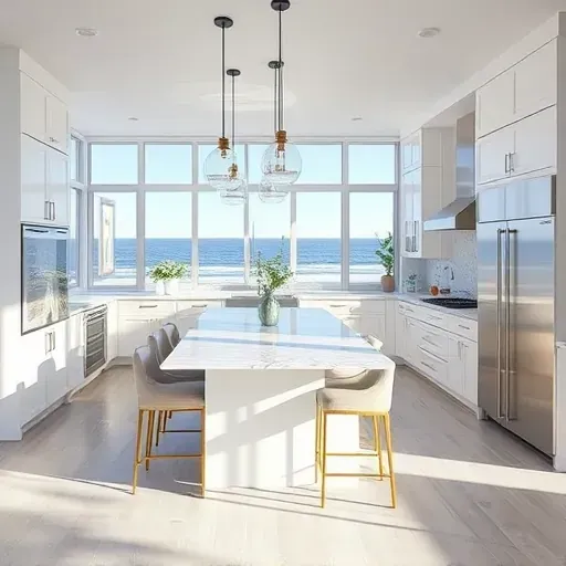 Remodeled Newport Beach kitchen with white cabinetry, marble countertops, island, ocean views, and decorative accents.