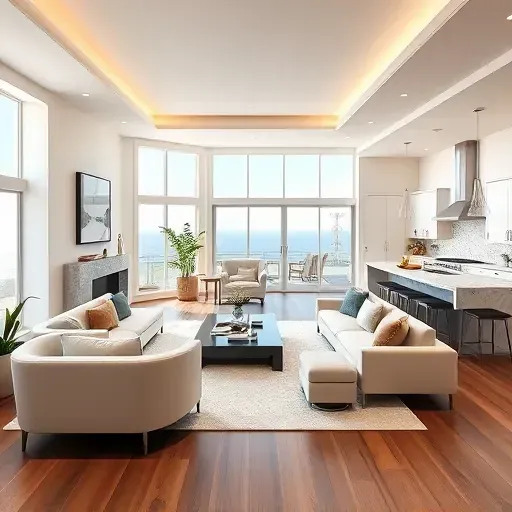 Modern Newport Coast living room with ocean views, high ceilings, plush furnishings, and elegant decor. Ideal for remodeling.