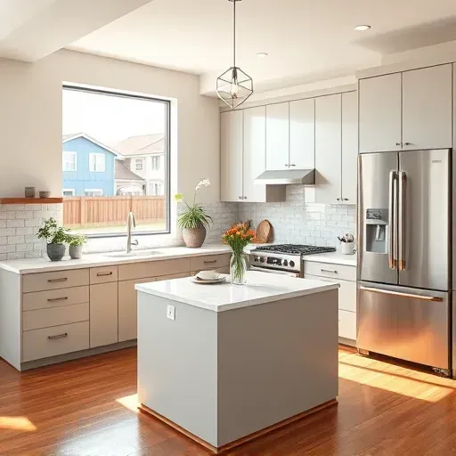 Remodeled modern kitchen in Floral Park CA with sleek matte cabinets stainless steel appliances quartz countertops hardwood floor and bright open space