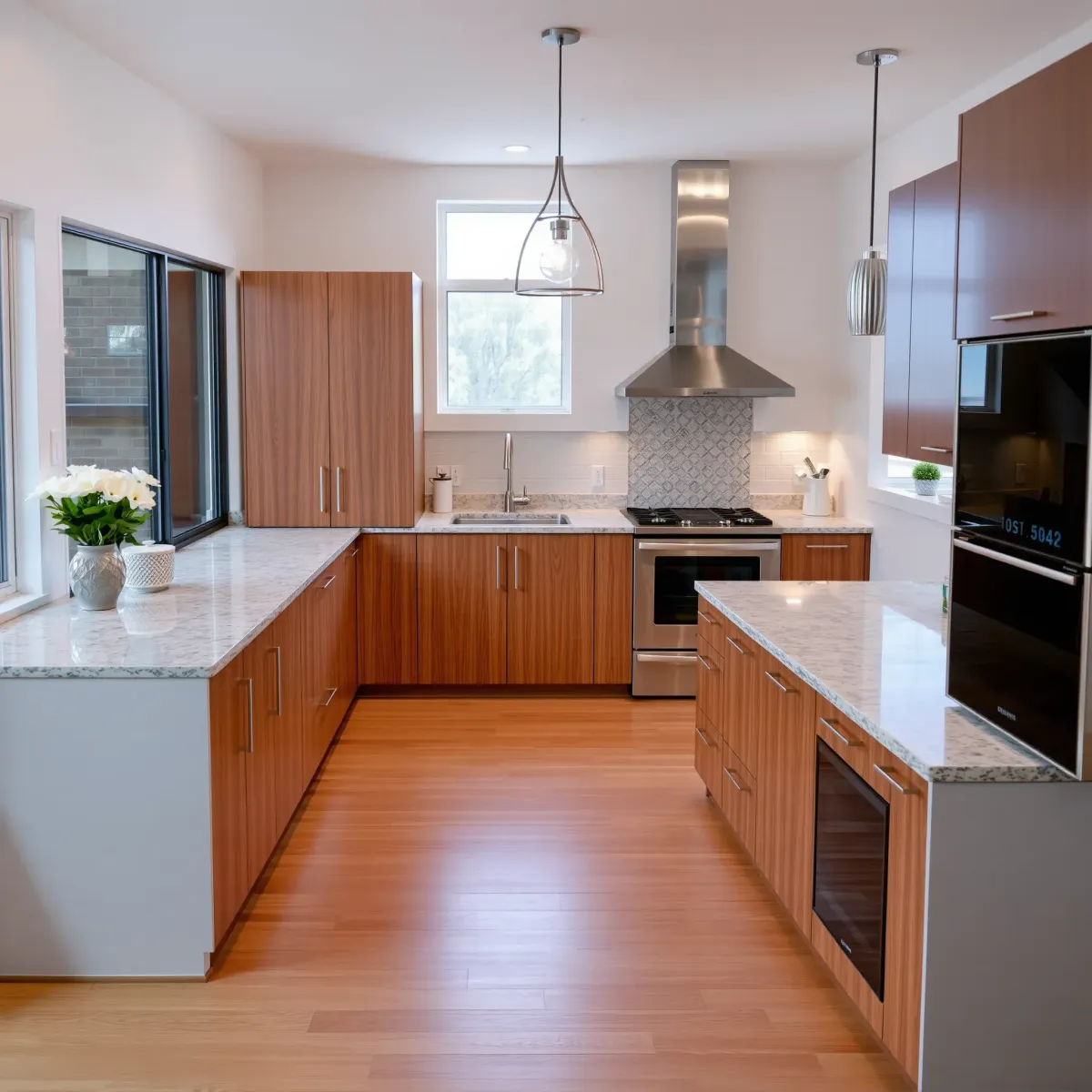 Beautifully remodeled Floral Park kitchen with modern wood cabinets, granite island, stainless appliances, and natural light.