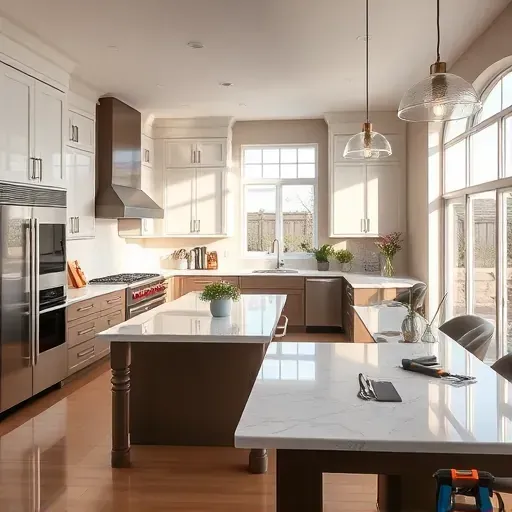 Stunning remodeled kitchen in Windsor Village CA featuring modern appliances, marble countertops, and stylish decor.