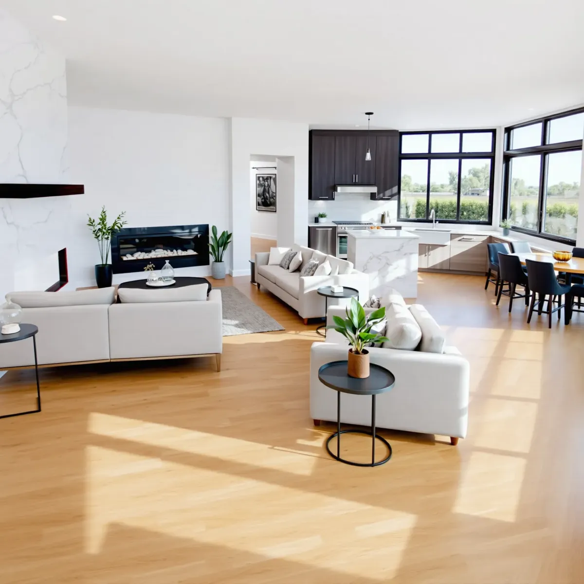 Renovated Irvine home interior with hardwood floors, modern cabinetry, open living space, stylish lighting, and lush backyard view.