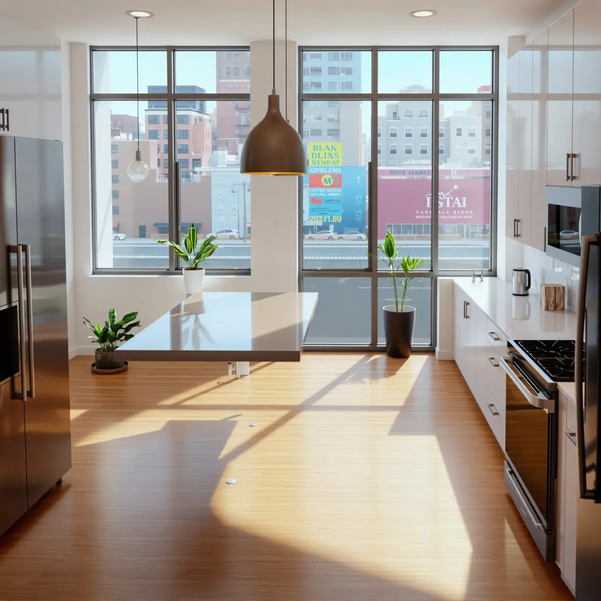 Modern Santa Ana kitchen with white quartz countertops, wooden cabinets, stainless steel appliances, and city views.