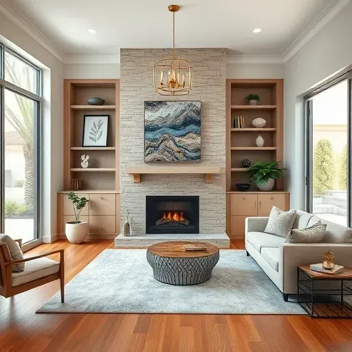 Contemporary living room in Aliso Viejo with modern fireplace, custom cabinetry, and natural light enhancing design.