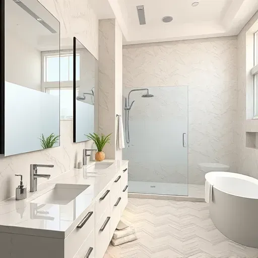 Luxurious modern bathroom with sleek mirrors, marble countertops, spacious shower, and elegant tile flooring.