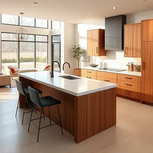 Completed modern kitchen in Rancho Santa Margarita with quartz countertops, black fixtures, custom wood cabinets, island, large windows, porcelain tiles, subway backsplash, and open living area