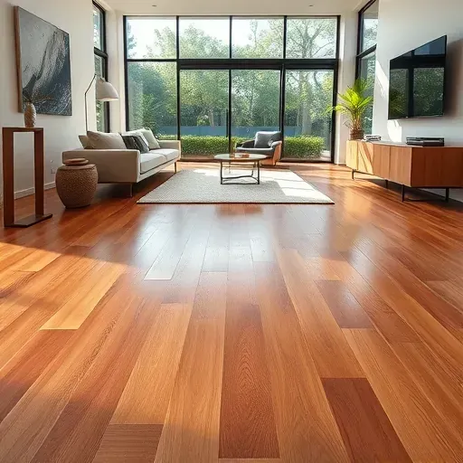 Freshly installed hardwood flooring in a modern Los Angeles living room with large windows, sleek furniture, and garden view