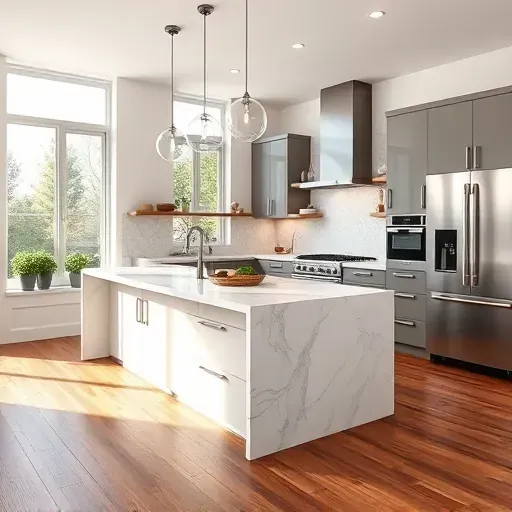 Modern kitchen remodel in Bristol Manor CA with sleek cabinetry, stainless steel appliances, and marble island countertop.